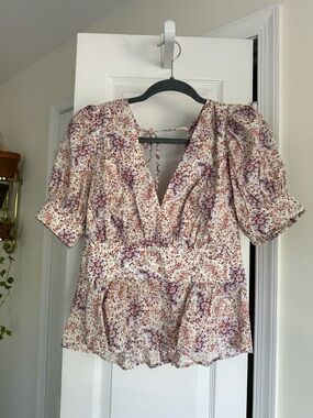 J.Crew Collection Cotton Puff Sleeve V-Neck Floral Paisley Peplum Top - Size 4